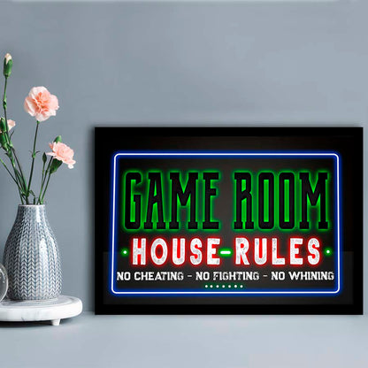 Game Room - House Rules Art Print, Framed Art Print Wall Decor, Neon Art Print, Picture Framed