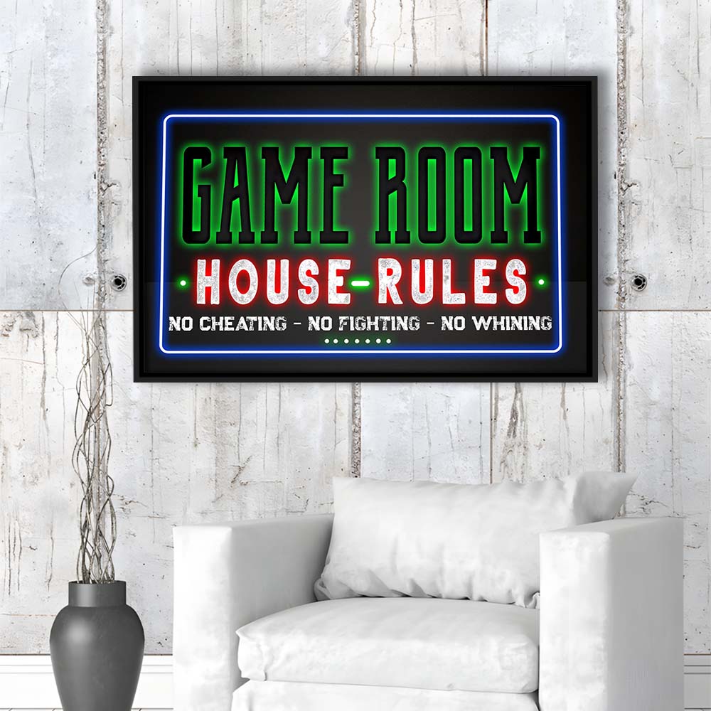 Game Room - House Rules Art Print, Framed Canvas Print Wall Art Decor, Floating Frame, Neon Effect Art