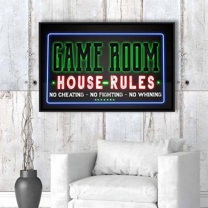 Game Room - House Rules Art Print, Framed Canvas Print Wall Art Decor, Floating Frame, Neon Effect Art
