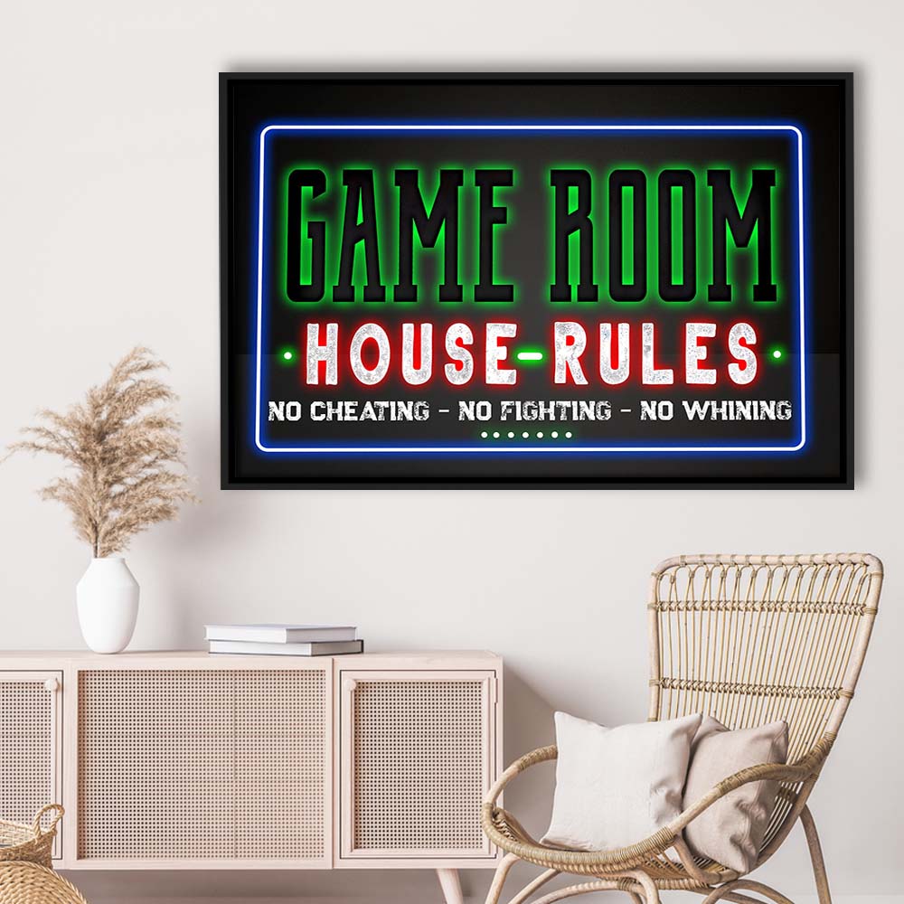 Game Room - House Rules Art Print, Framed Canvas Print Wall Art Decor, Floating Frame, Neon Effect Art
