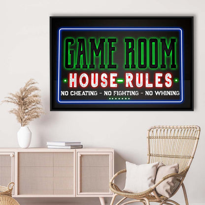 Game Room - House Rules Art Print, Framed Canvas Print Wall Art Decor, Floating Frame, Neon Effect Art