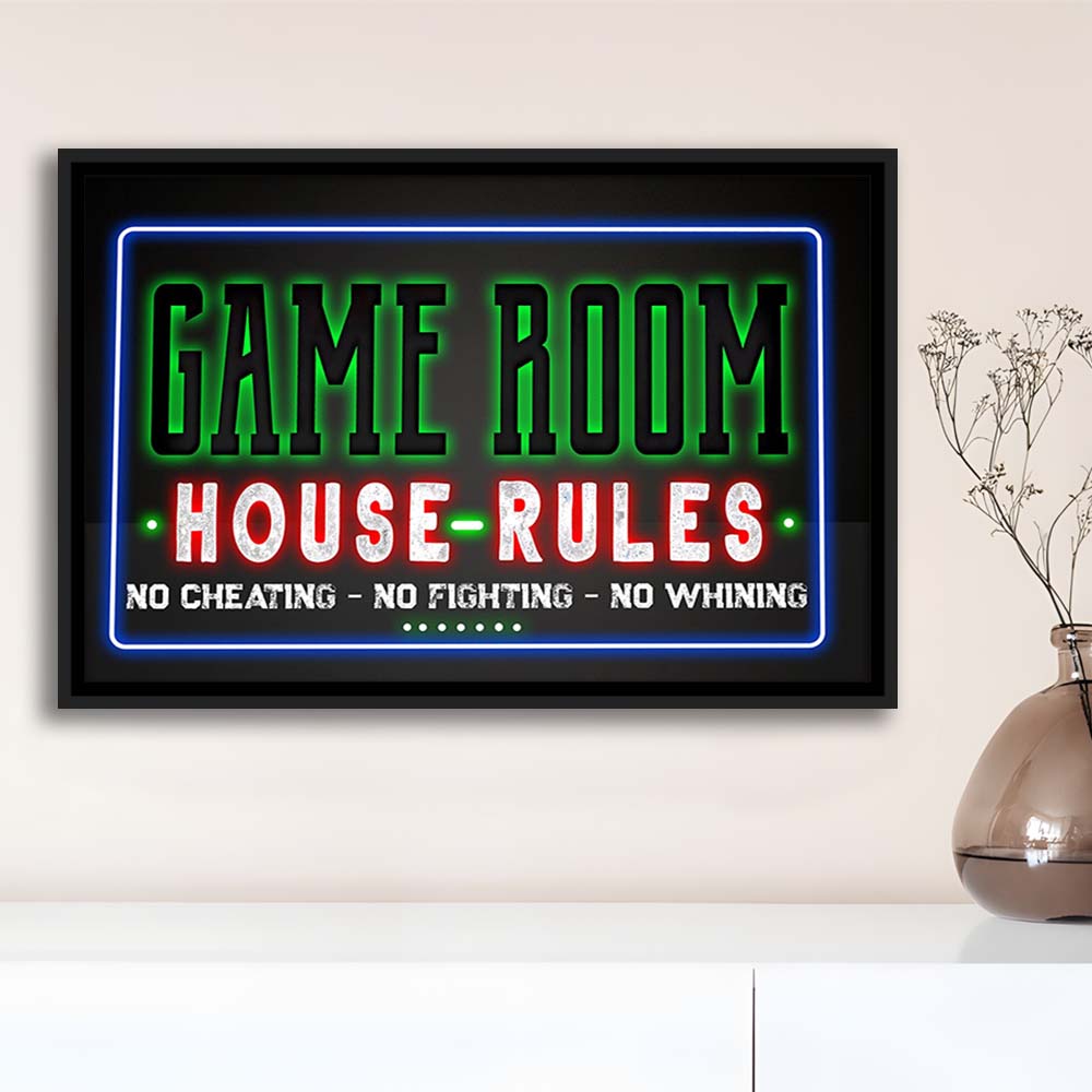 Game Room - House Rules Art Print, Framed Canvas Print Wall Art Decor, Floating Frame, Neon Effect Art