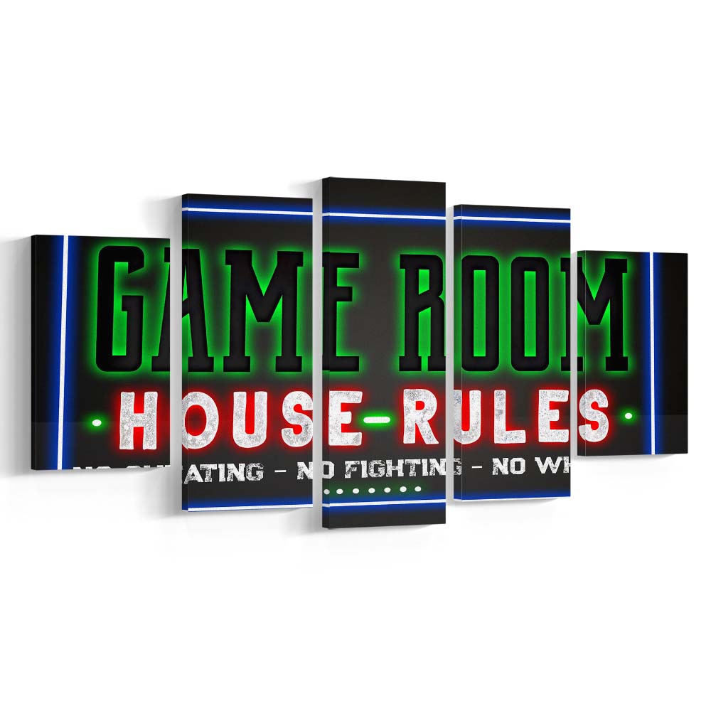 Game Room - House Rules Art Print, 5 Panel Mixed Canvas Print Wall Art, Home Decor, Neon Canvas