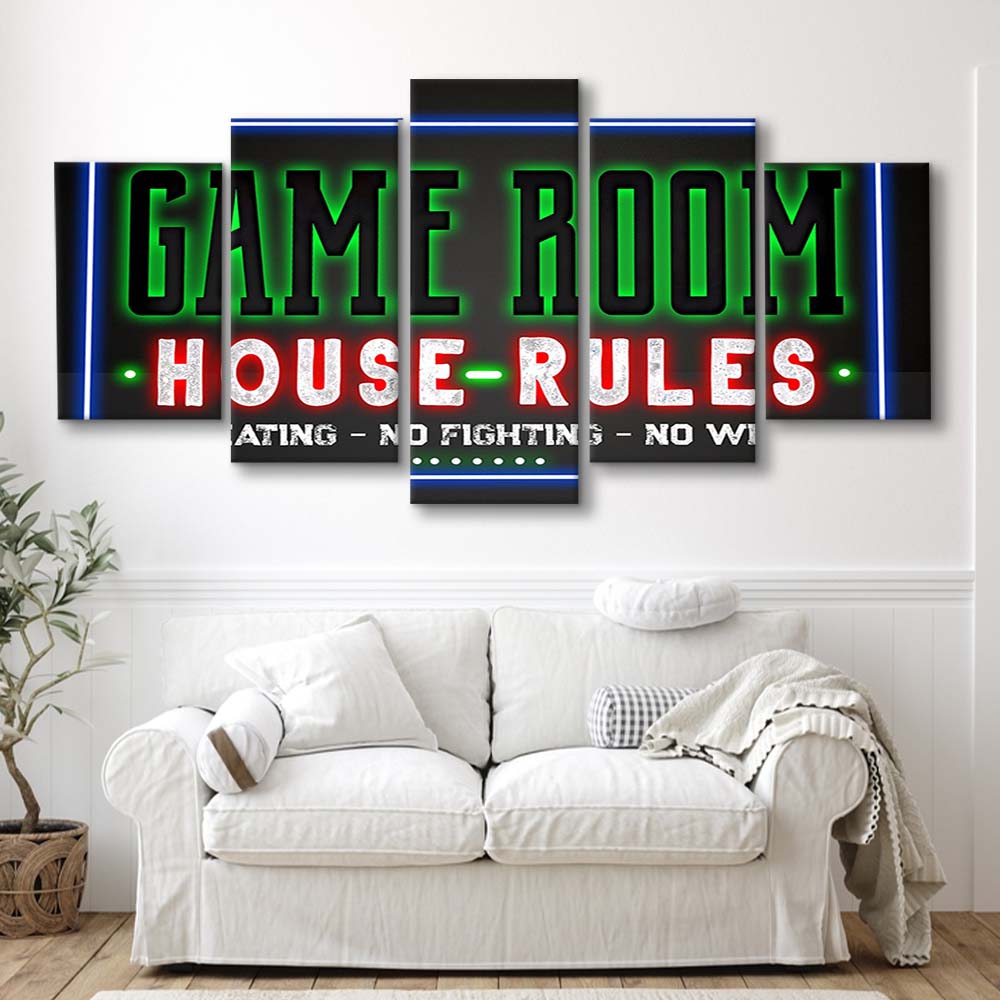 Game Room - House Rules Art Print, 5 Panel Mixed Canvas Print Wall Art, Home Decor, Neon Canvas