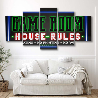 Game Room - House Rules Art Print, 5 Panel Mixed Canvas Print Wall Art, Home Decor, Neon Canvas