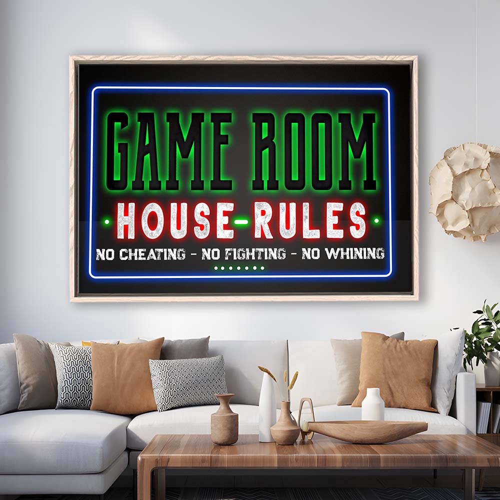 Game Room - House Rules Art Print, Framed Canvas Print Wall Art Decor, Floating Frame, Neon Effect Art