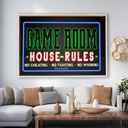 Game Room - House Rules Art Print, Framed Canvas Print Wall Art Decor, Floating Frame, Neon Effect Art