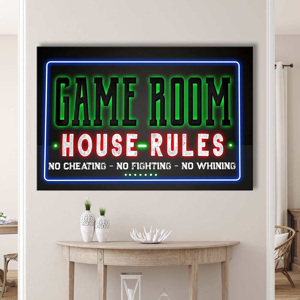 Game Room - House Rules Art Print, Canvas Print Wall Art, Wall Decor, Neon Effect Art
