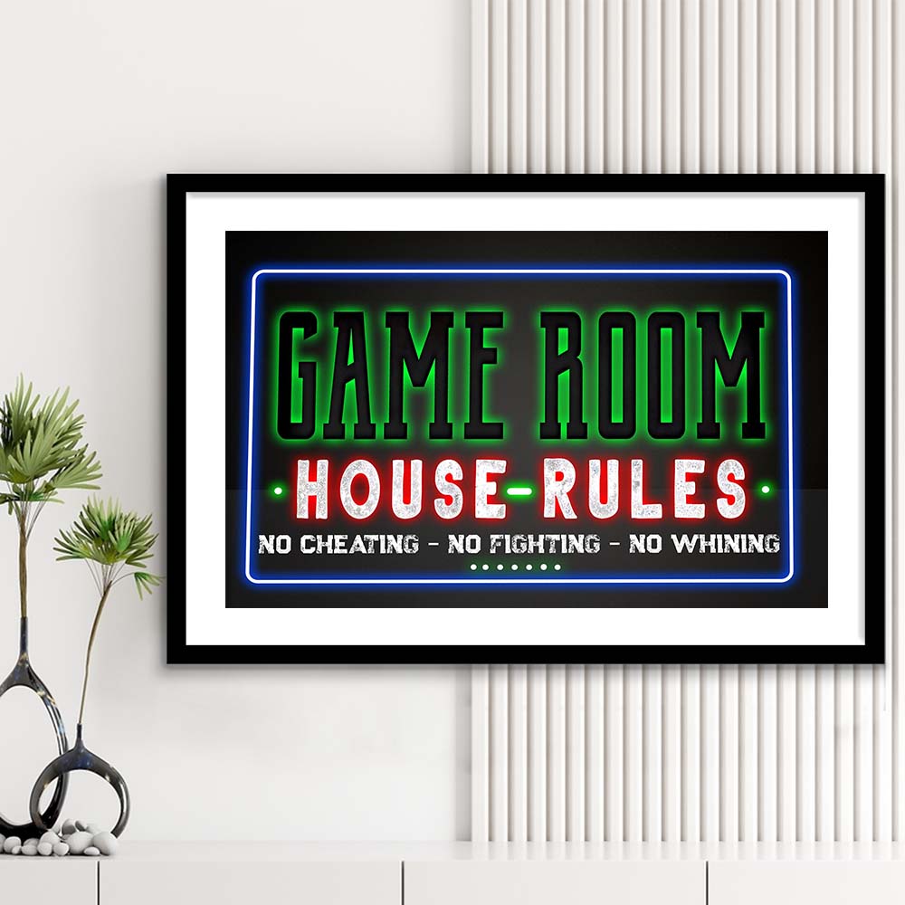 Game Room - House Rules Art Print, Framed Art Print Wall Decor, White Border, Framed Picture