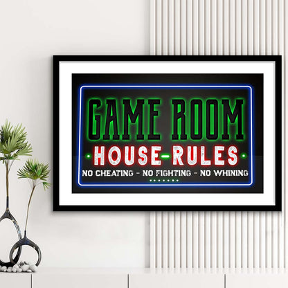 Game Room - House Rules Art Print, Framed Art Print Wall Decor, White Border, Framed Picture