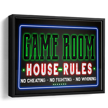 Game Room - House Rules Art Print, Framed Canvas Print Wall Art Decor, Floating Frame, Neon Effect Art