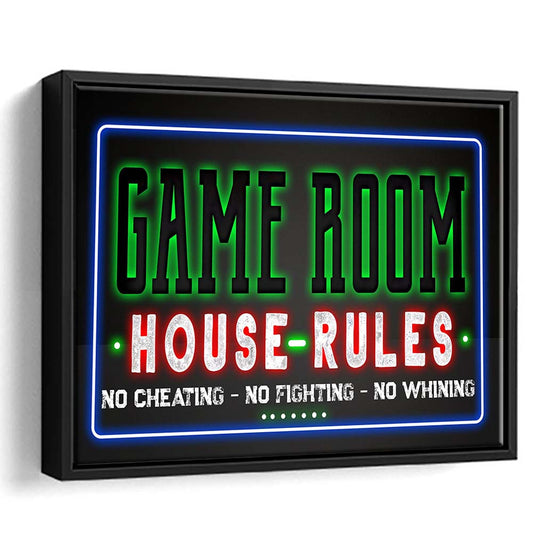 Game Room - House Rules Art Print, Framed Canvas Print Wall Art Decor, Floating Frame, Neon Effect Art
