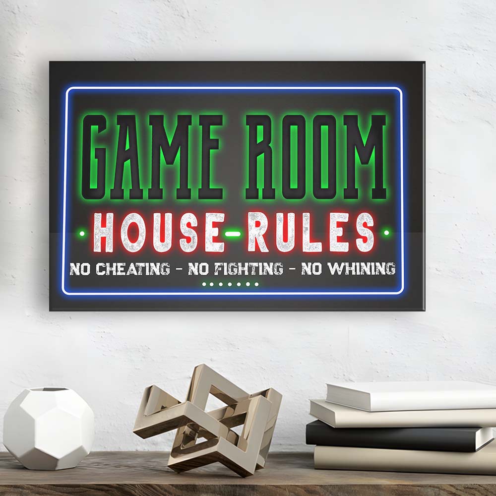 Game Room - House Rules Art Print, Canvas Print Wall Art, Wall Decor, Neon Effect Art