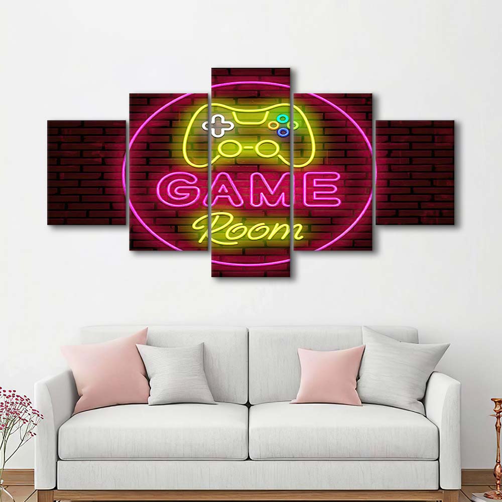 Game Room Art Print, 5 Panel Mixed Canvas Print Wall Art, Home Decor, Neon Canvas