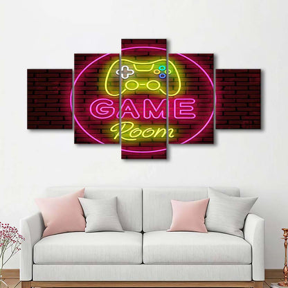 Game Room Art Print, 5 Panel Mixed Canvas Print Wall Art, Home Decor, Neon Canvas