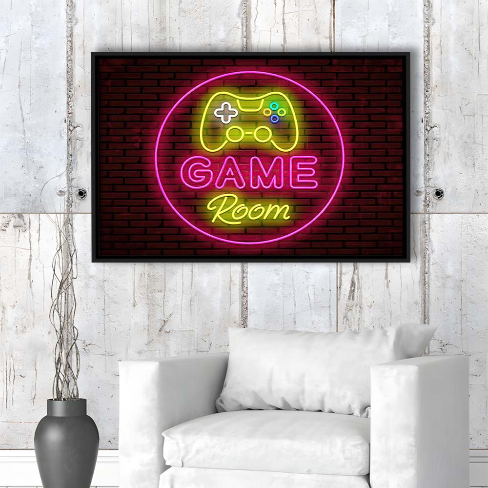 Game Room Art Print, Framed Canvas Print Wall Art Decor, Floating Frame, Neon Effect Art
