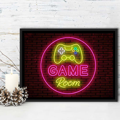 Game Room Art Print, Framed Canvas Print Wall Art Decor, Floating Frame, Neon Effect Art