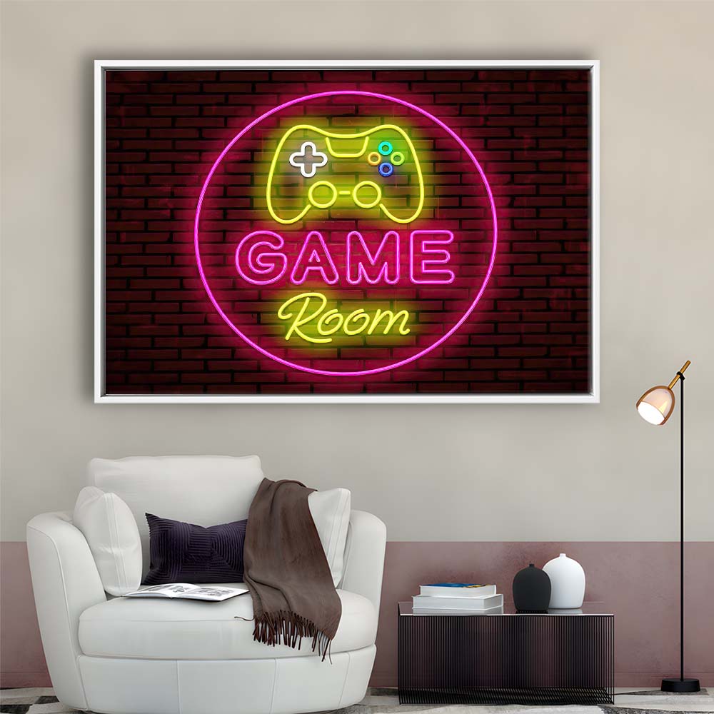 Game Room Art Print, Framed Canvas Print Wall Art Decor, Floating Frame, Neon Effect Art