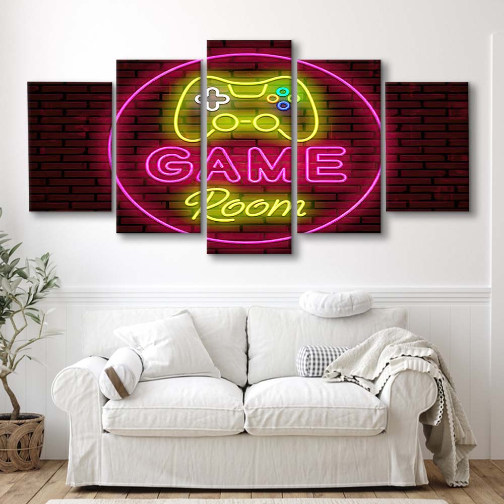 Game Room Art Print, 5 Panel Mixed Canvas Print Wall Art, Home Decor, Neon Canvas