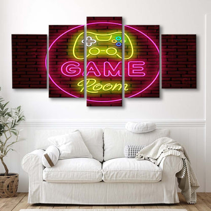 Game Room Art Print, 5 Panel Mixed Canvas Print Wall Art, Home Decor, Neon Canvas