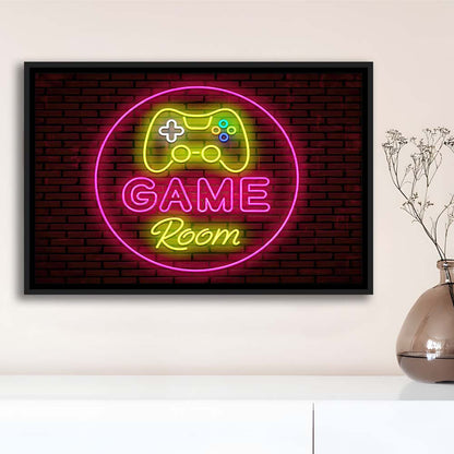 Game Room Art Print, Framed Canvas Print Wall Art Decor, Floating Frame, Neon Effect Art