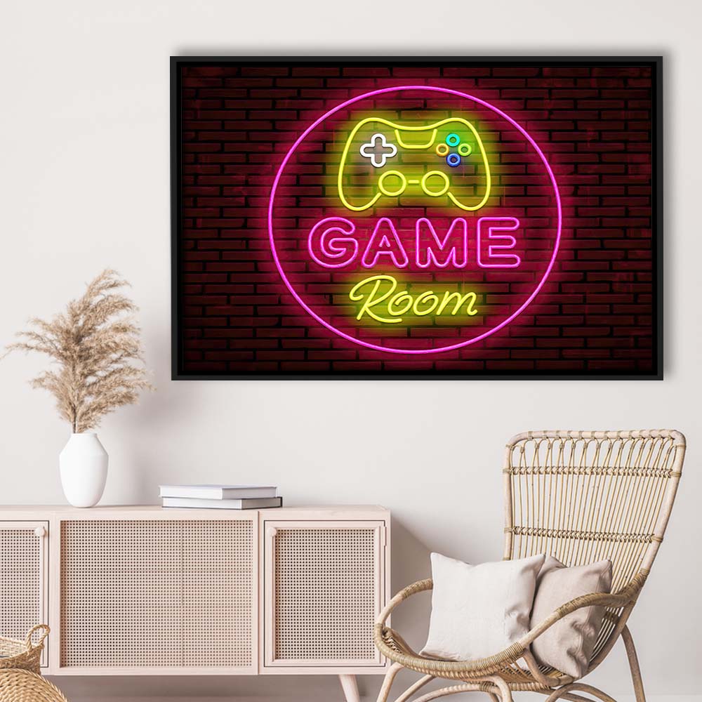 Game Room Art Print, Framed Canvas Print Wall Art Decor, Floating Frame, Neon Effect Art
