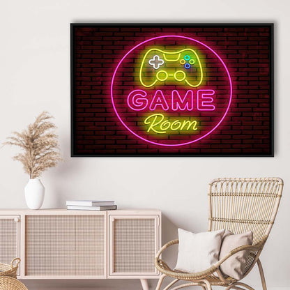 Game Room Art Print, Framed Canvas Print Wall Art Decor, Floating Frame, Neon Effect Art
