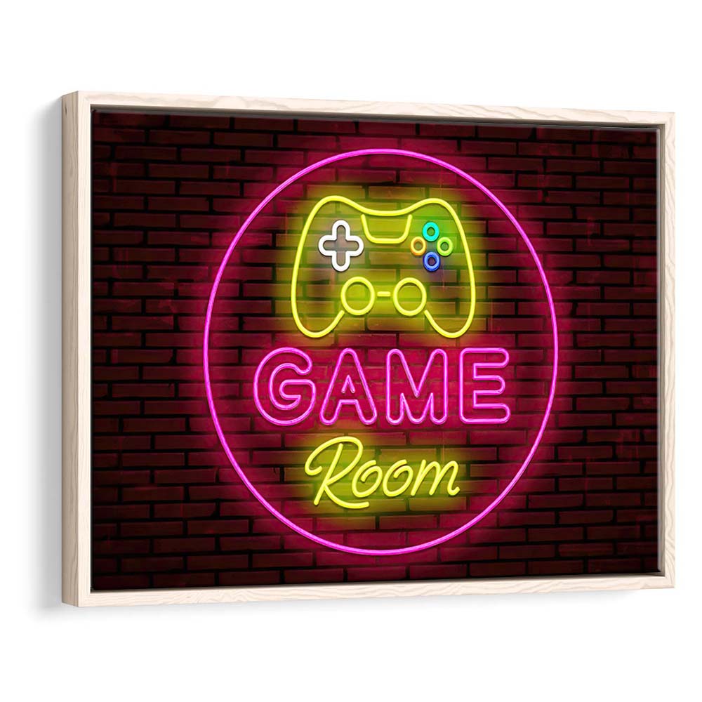 Game Room Art Print, Framed Canvas Print Wall Art Decor, Floating Frame, Neon Effect Art