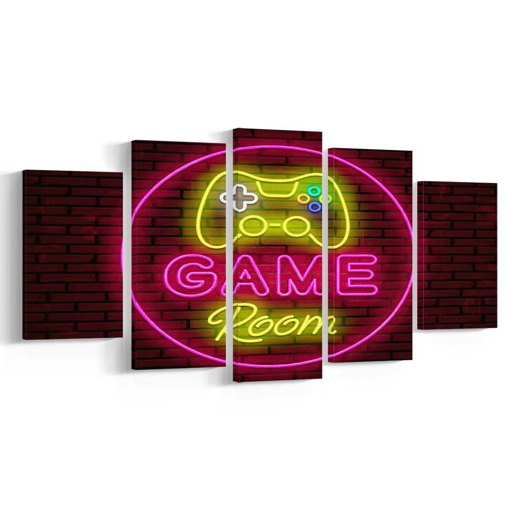 Game Room Art Print, 5 Panel Mixed Canvas Print Wall Art, Home Decor, Neon Canvas