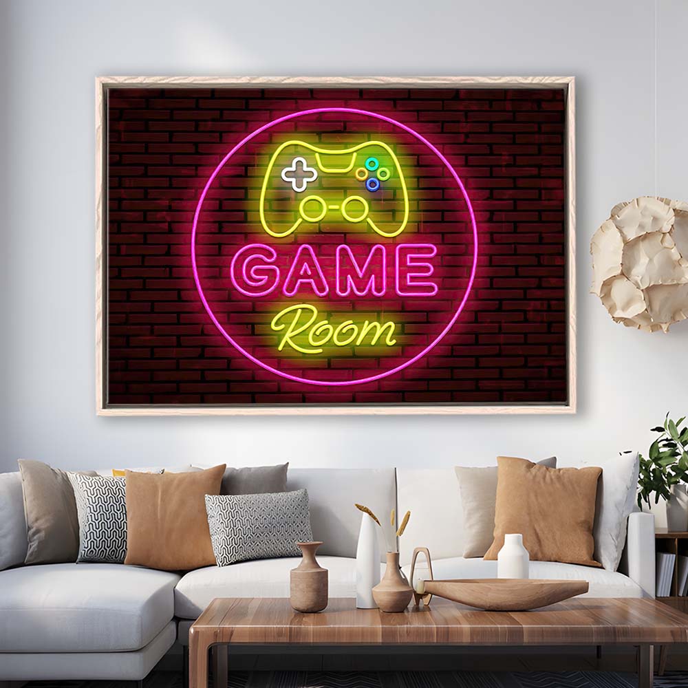 Game Room Art Print, Framed Canvas Print Wall Art Decor, Floating Frame, Neon Effect Art