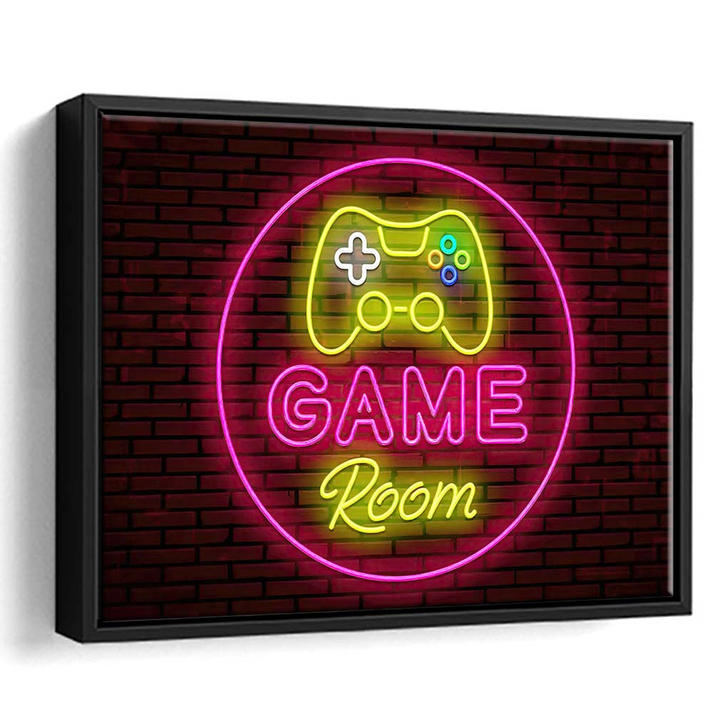 Game Room Art Print, Framed Canvas Print Wall Art Decor, Floating Frame, Neon Effect Art