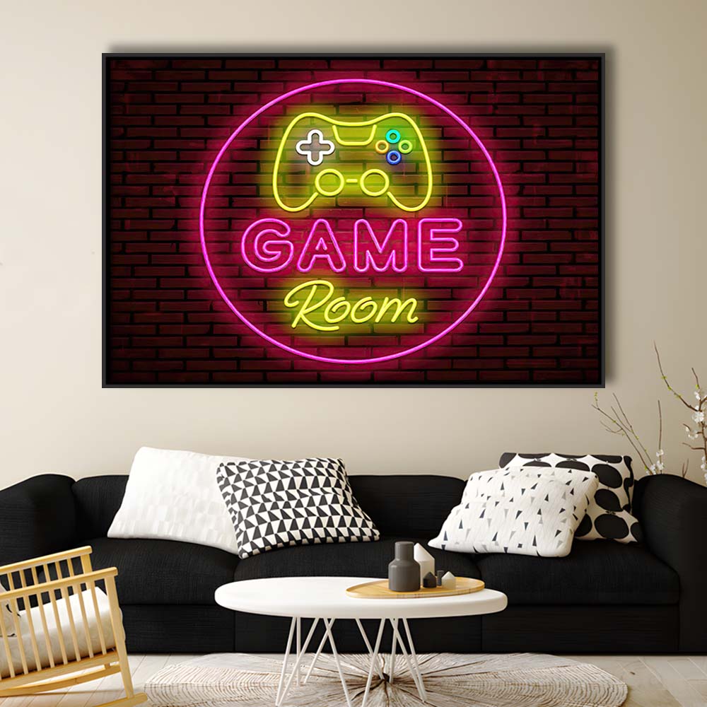 Game Room Art Print, Framed Canvas Print Wall Art Decor, Floating Frame, Neon Effect Art