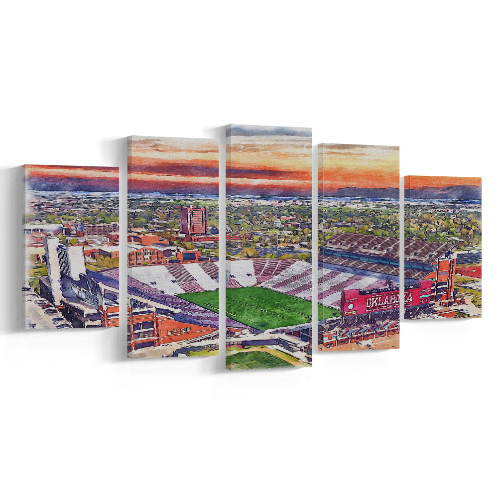 Gaylord Family Oklahoma Memorial Painting Stadium Watercolor, Sport Art, Mixed 5 Panel, Canvas Print Wall Art