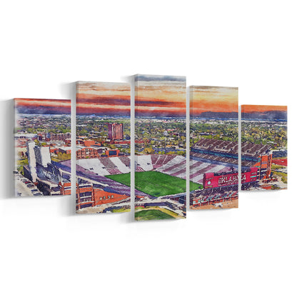 Gaylord Family Oklahoma Memorial Painting Stadium Watercolor, Sport Art, Mixed 5 Panel, Canvas Print Wall Art