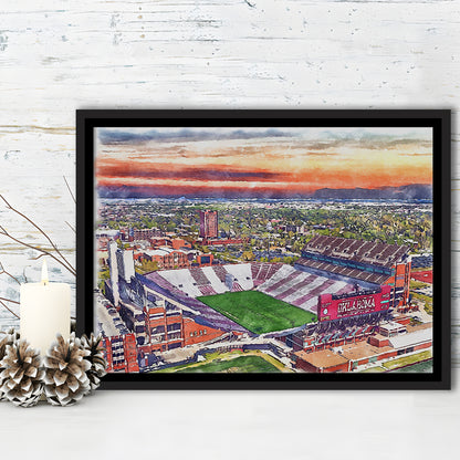 Gaylord Family Oklahoma Memorial Painting Stadium Watercolor, Sport Gift Art, Framed Canvas Print Wall Art