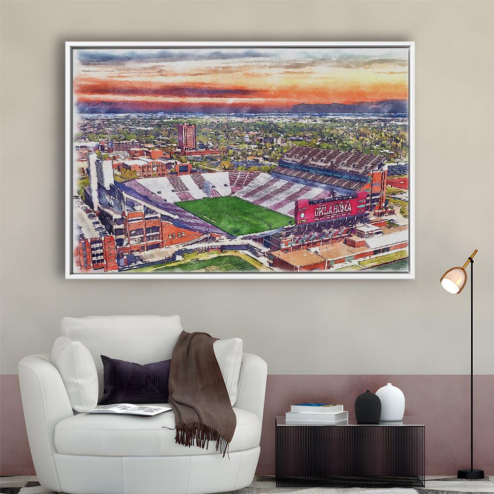 Gaylord Family Oklahoma Memorial Painting Stadium Watercolor, Sport Gift Art, Framed Canvas Print Wall Art