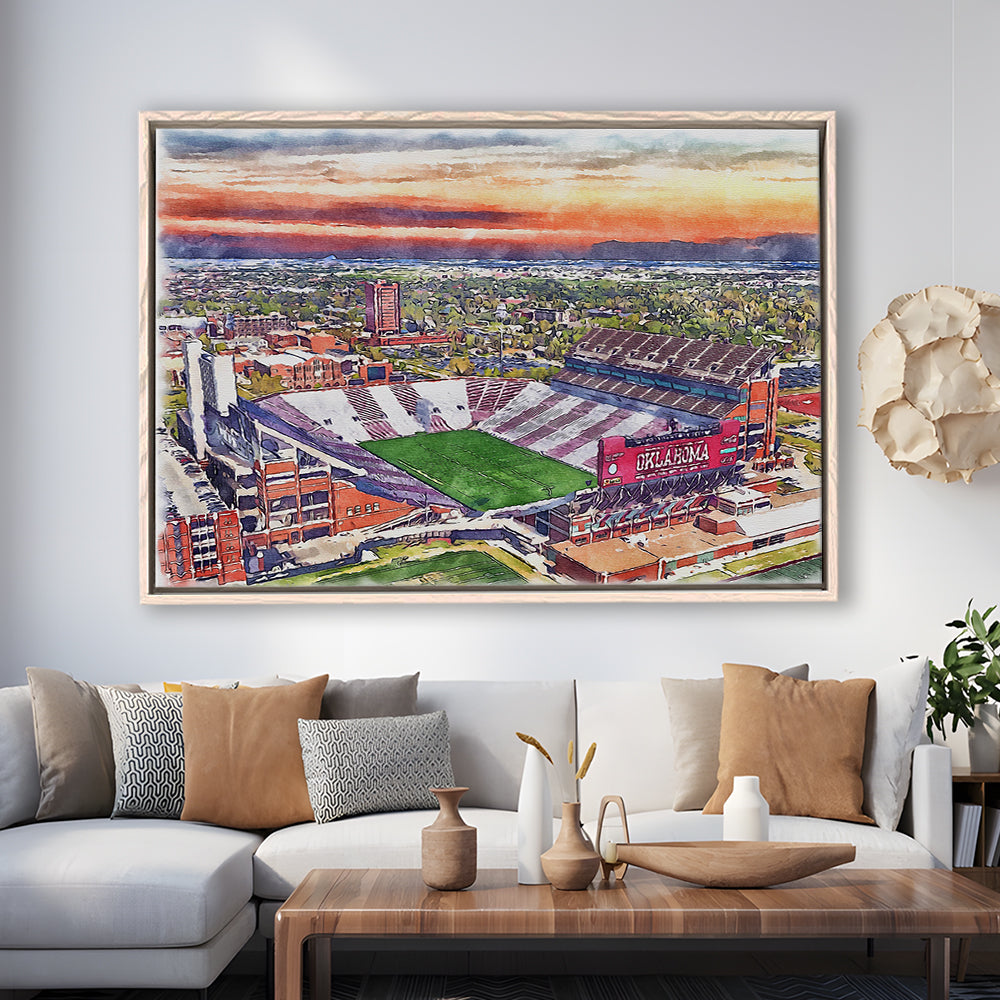 Gaylord Family Oklahoma Memorial Painting Stadium Watercolor, Sport Gift Art, Framed Canvas Print Wall Art