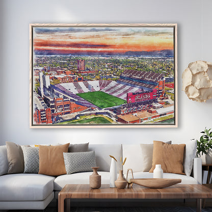 Gaylord Family Oklahoma Memorial Painting Stadium Watercolor, Sport Gift Art, Framed Canvas Print Wall Art