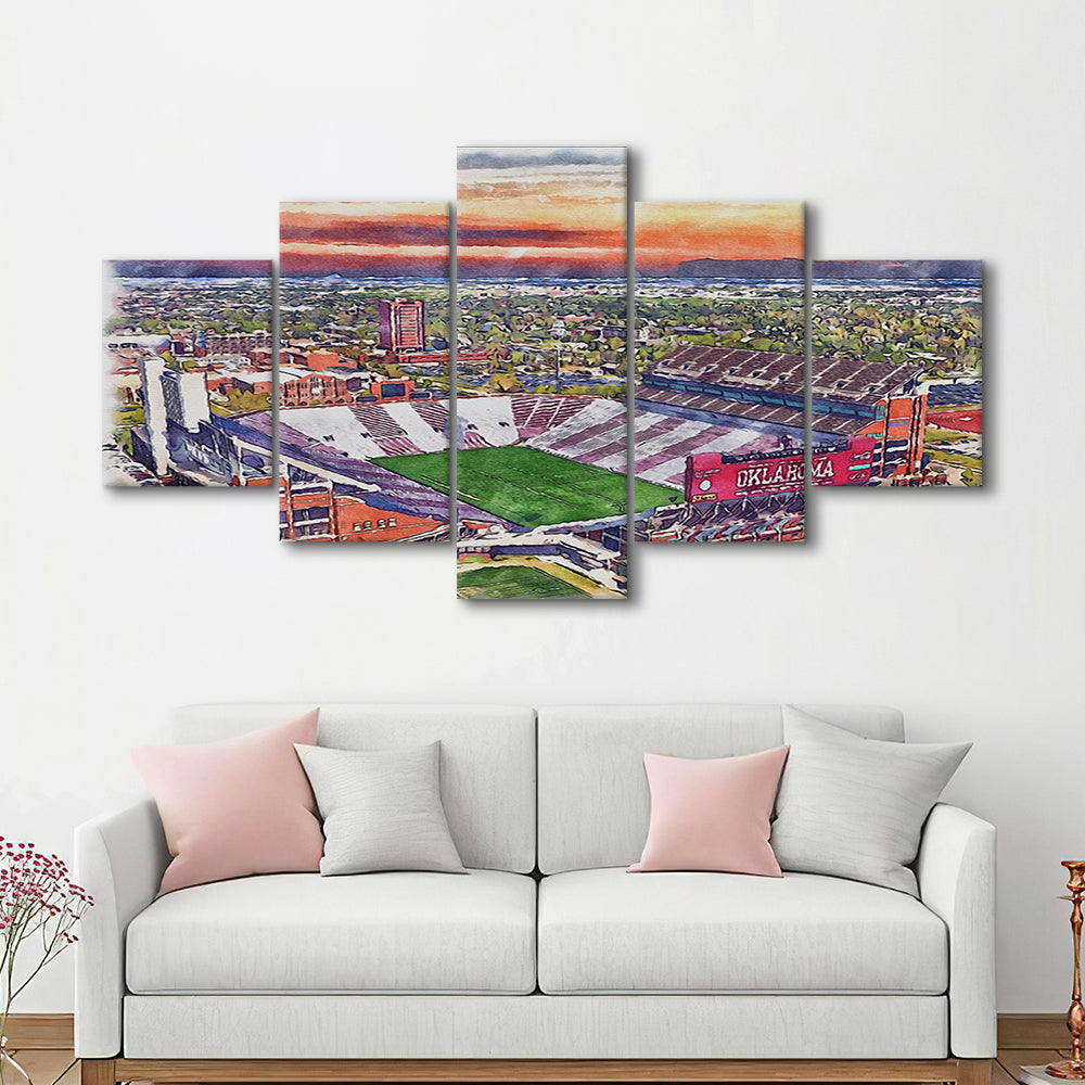 Gaylord Family Oklahoma Memorial Painting Stadium Watercolor, Sport Art, Mixed 5 Panel, Canvas Print Wall Art