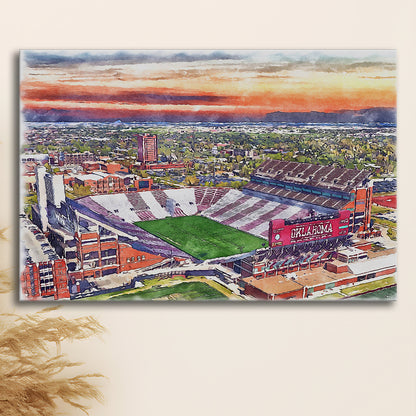 Gaylord Family Oklahoma Memorial Painting Stadium Watercolor, Sport Art, Gifts for him, Canvas Print Wall Art