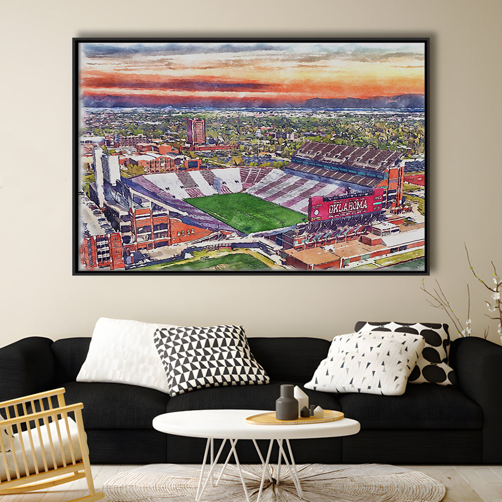 Gaylord Family Oklahoma Memorial Painting Stadium Watercolor, Sport Gift Art, Framed Canvas Print Wall Art