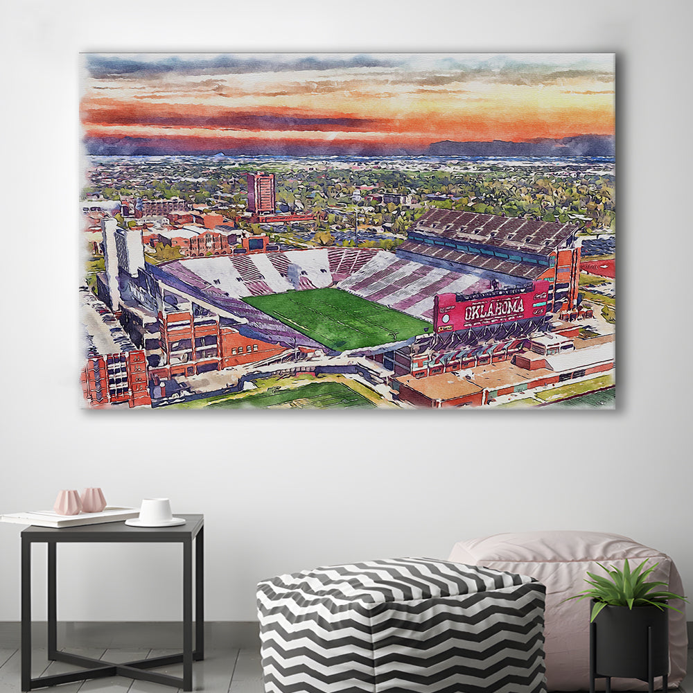 Gaylord Family Oklahoma Memorial Painting Stadium Watercolor, Sport Art, Gifts for him, Canvas Print Wall Art