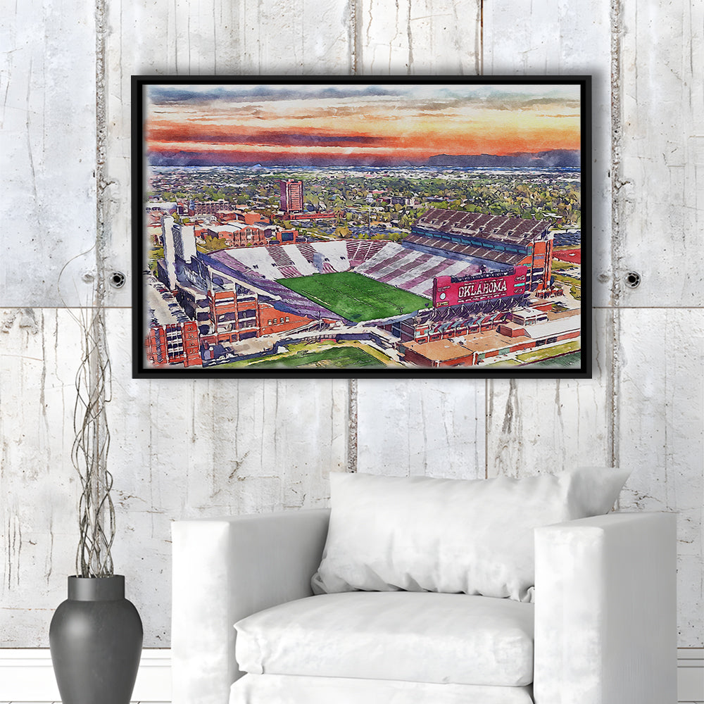 Gaylord Family Oklahoma Memorial Painting Stadium Watercolor, Sport Gift Art, Framed Canvas Print Wall Art