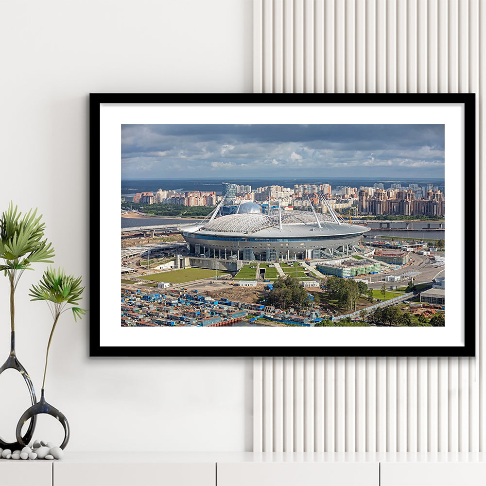Gazprom Arena, Stadium Canvas, Sport Art, Fan Gifts, White Border Framed Art Print Wall Decor