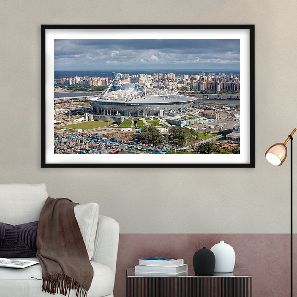 Gazprom Arena, Stadium Canvas, Sport Art, Fan Gifts, White Border Framed Art Print Wall Decor