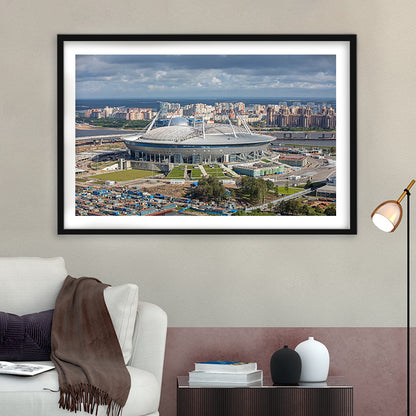 Gazprom Arena, Stadium Canvas, Sport Art, Fan Gifts, White Border Framed Art Print Wall Decor