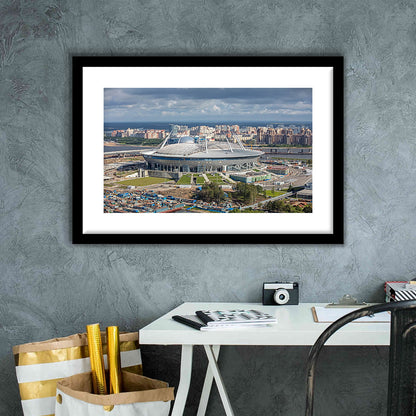 Gazprom Arena, Stadium Canvas, Sport Art, Fan Gifts, White Border Framed Art Print Wall Decor
