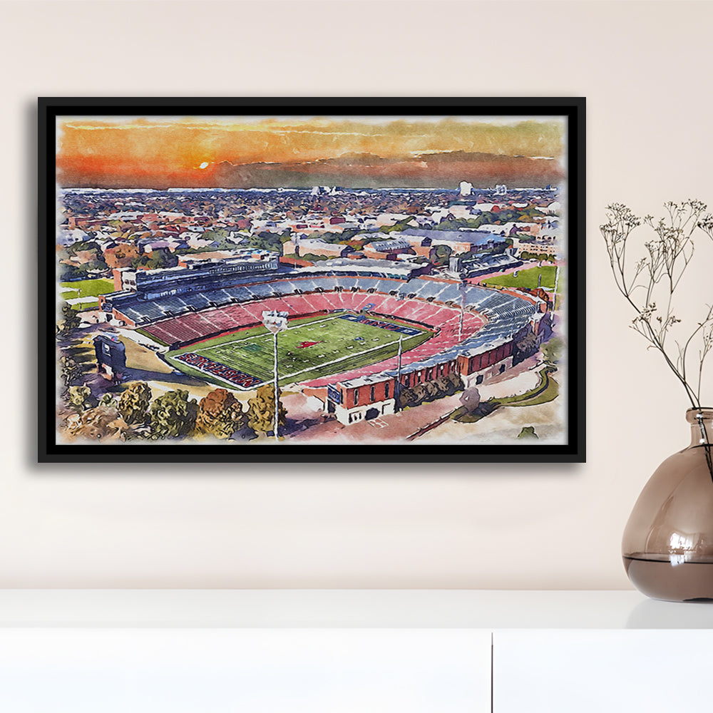 Gerald J Ford Stadium, Southern Methodist Football Painting Stadium, Sport Gift Art, Framed Canvas Print Wall Art
