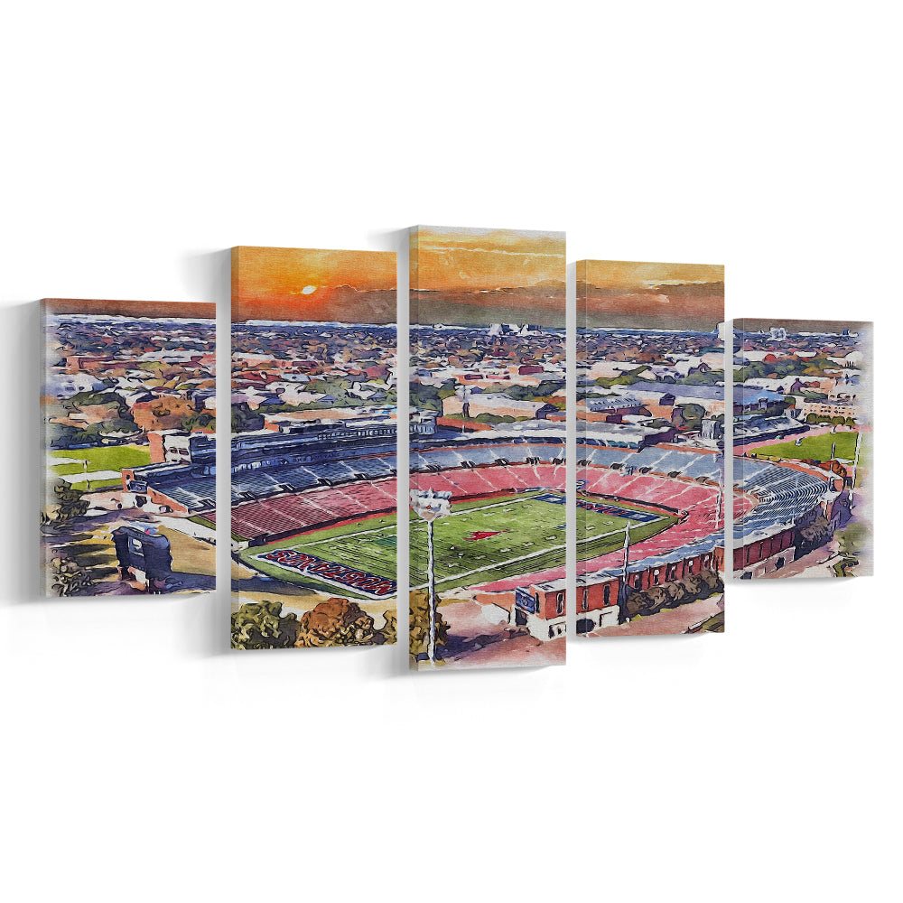 Gerald J Ford Stadium, Southern Methodist Football Painting Stadium, Sport Art, Mixed 5 Panel, Canvas Print Wall Art