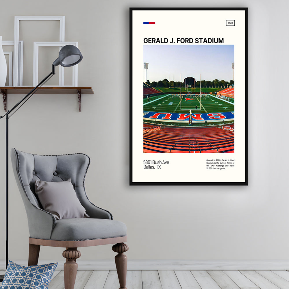 Gerald J. Ford Stadium Print, SMU Mustangs Stadium Canvas Art, Man Cave Gift, Floating Framed Canvas Print Wall Art